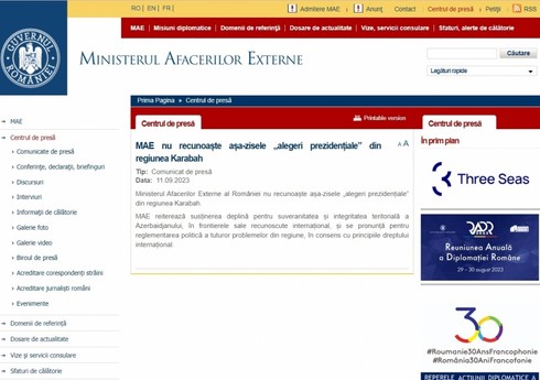 Rumıniya Qarabağda keçirilən qondarma seçkiləri tanımır